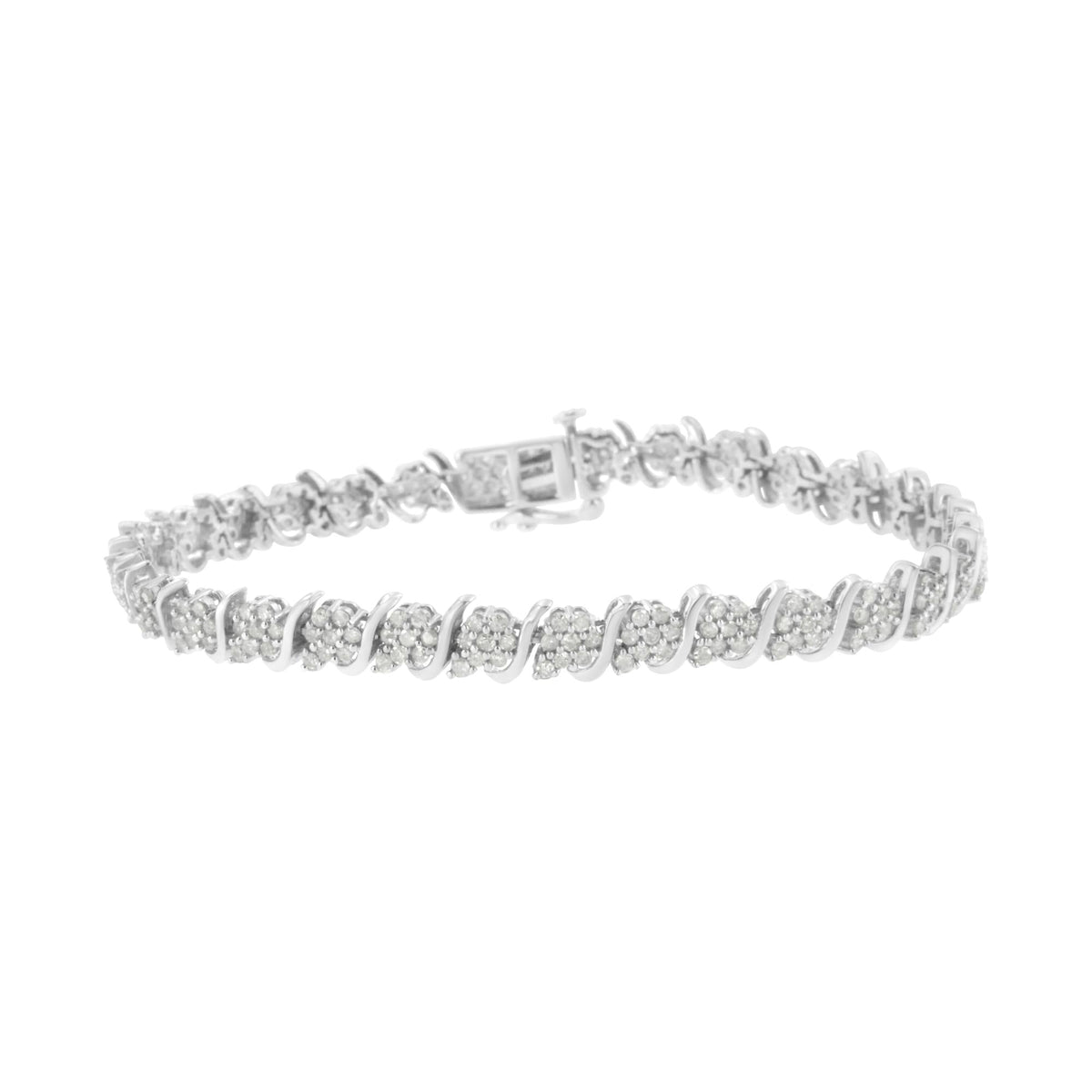 .925 Sterling Silver Diamond Floral Cluster Link Bracelet (2 3/4 cttw, I-J Color, I3 Clarity) - Size 7.25"-0