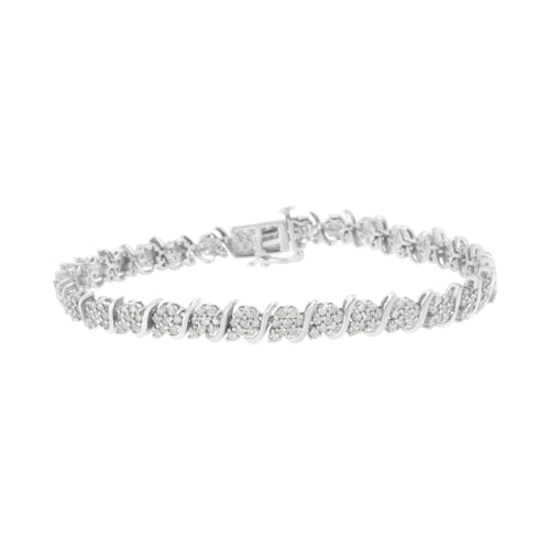 .925 Sterling Silver Diamond Floral Cluster Link Bracelet (2 3/4 cttw, I-J Color, I3 Clarity) - Size 7.25"-0
