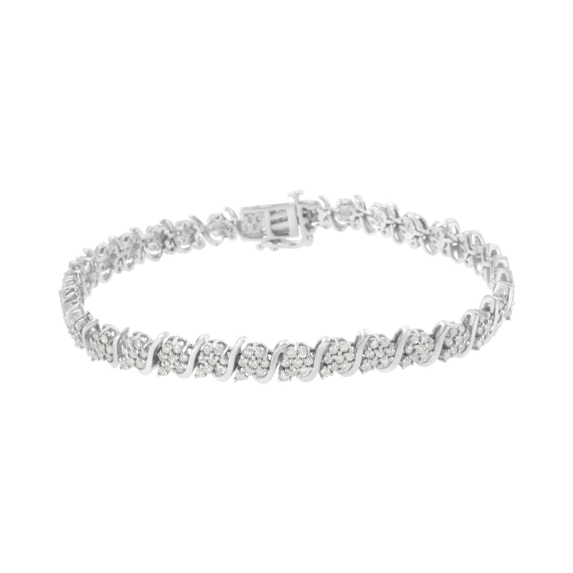 .925 Sterling Silver Diamond Floral Cluster Link Bracelet (2 3/4 cttw, I-J Color, I3 Clarity) - Size 7.25"-1