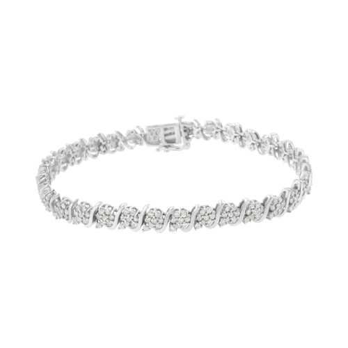 .925 Sterling Silver Diamond Floral Cluster Link Bracelet (2 3/4 cttw, I-J Color, I3 Clarity) - Size 7.25"-1