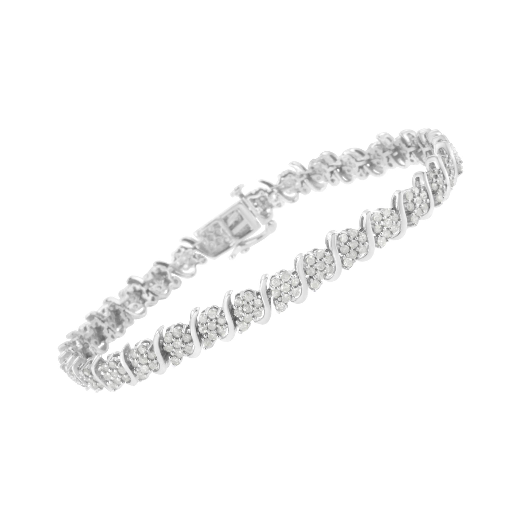 .925 Sterling Silver Diamond Floral Cluster Link Bracelet (2 3/4 cttw, I-J Color, I3 Clarity) - Size 7.25"-2