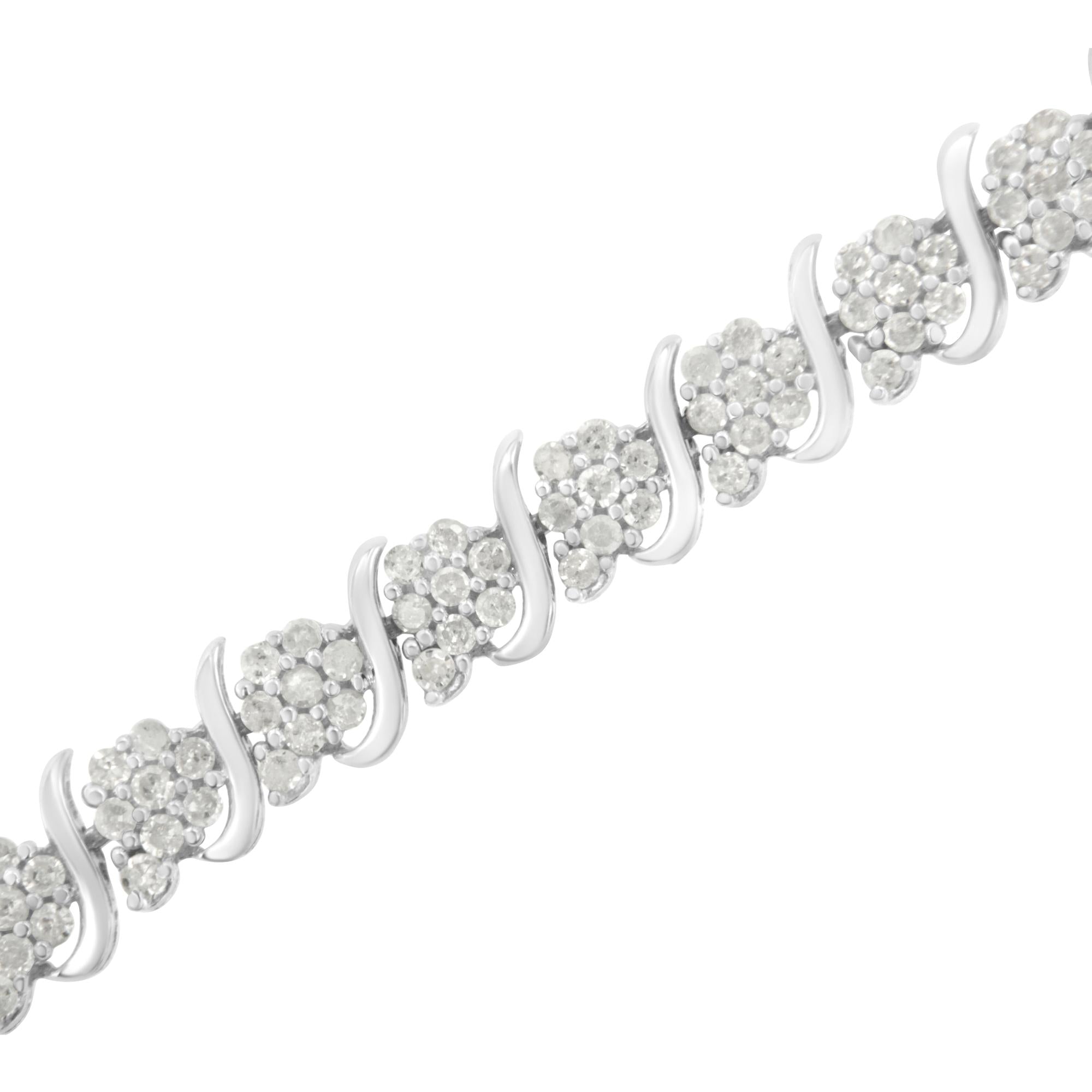 .925 Sterling Silver Diamond Floral Cluster Link Bracelet (2 3/4 cttw, I-J Color, I3 Clarity) - Size 7.25"-3