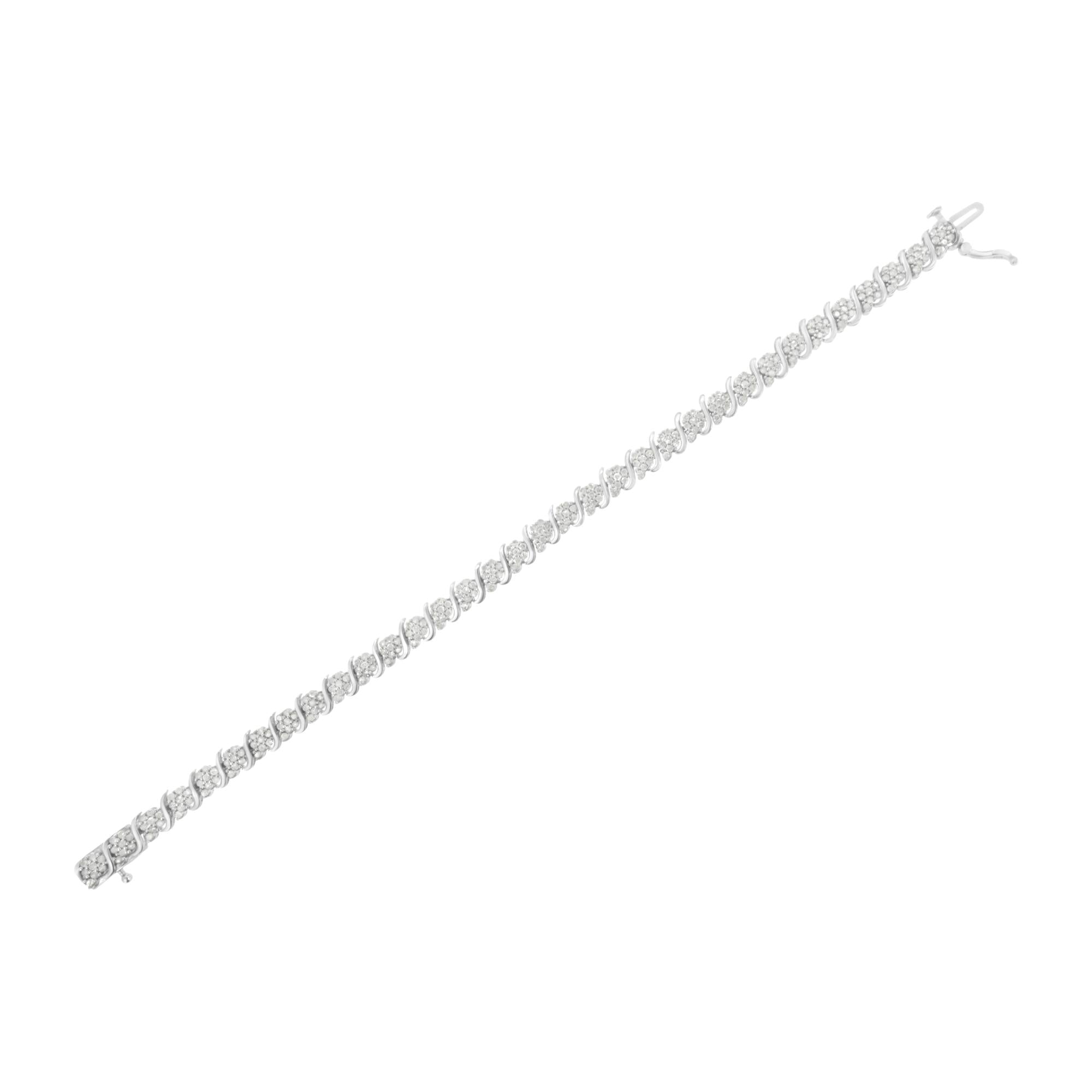 .925 Sterling Silver Diamond Floral Cluster Link Bracelet (2 3/4 cttw, I-J Color, I3 Clarity) - Size 7.25"-4